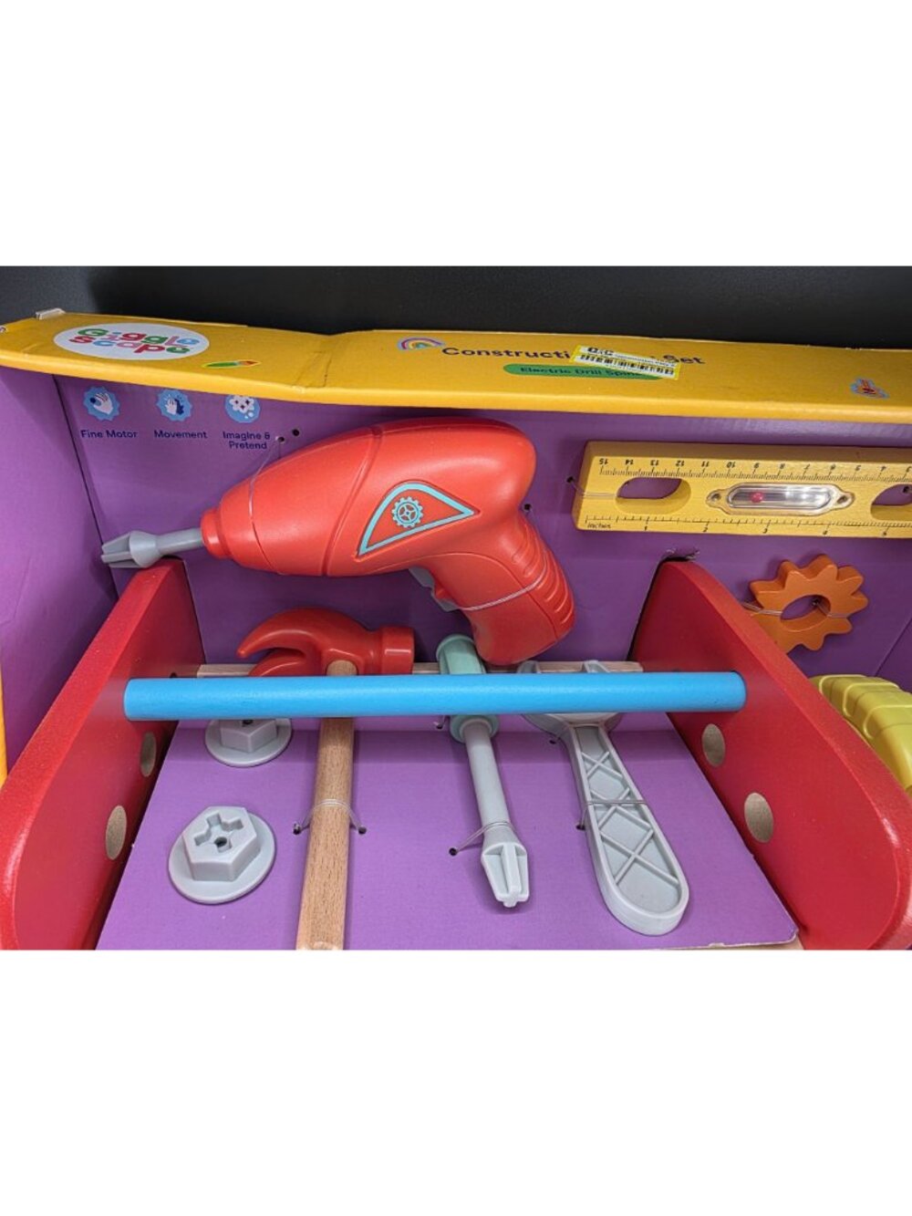 Gigglescape Construction Play Set 36-Piece With Electric Drill & Wooden Toolbox - Picture 2 of 12